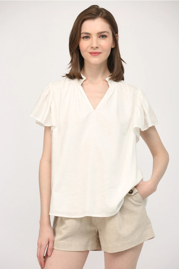 Camilla Ruffled Sleeve Woven Top in Off White