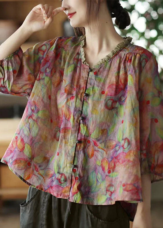 Loose Pink V Neck Ruffled Print Linen Blouse Top