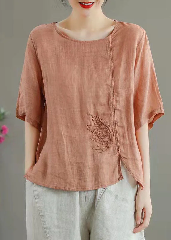 Simple Orange Embroidered Linen Top Summer