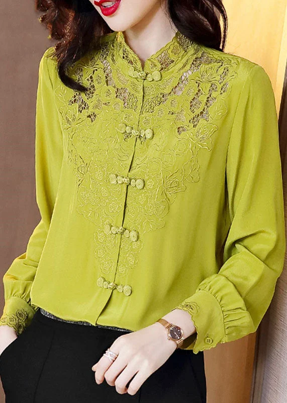 Simple Yellow Green Hollow Out Stand Collar Embroidered Silk shirt Long sleeve