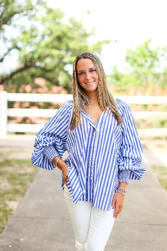 Coraline Patterned Long Sleeve Blouse in Cobalt Stripe