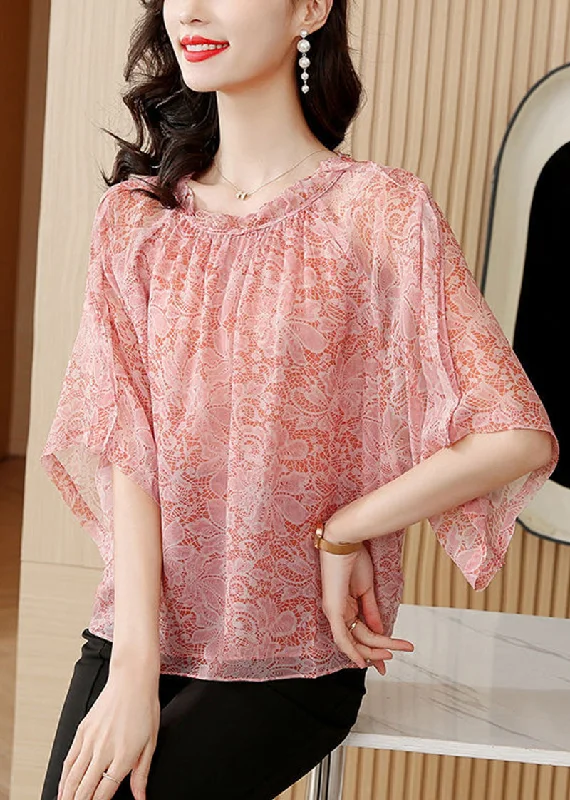 Unique Pink Ruffled Oversized Print Chiffon Shirts Batwing Sleeve