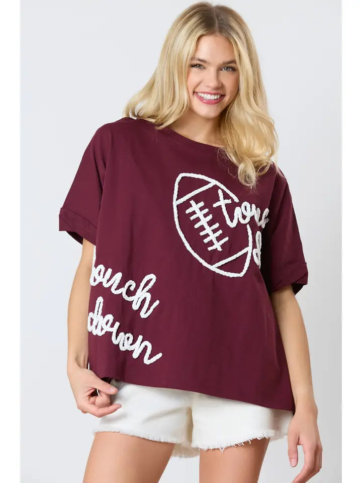 Touchdown & Football Embroidered Top in Maroon