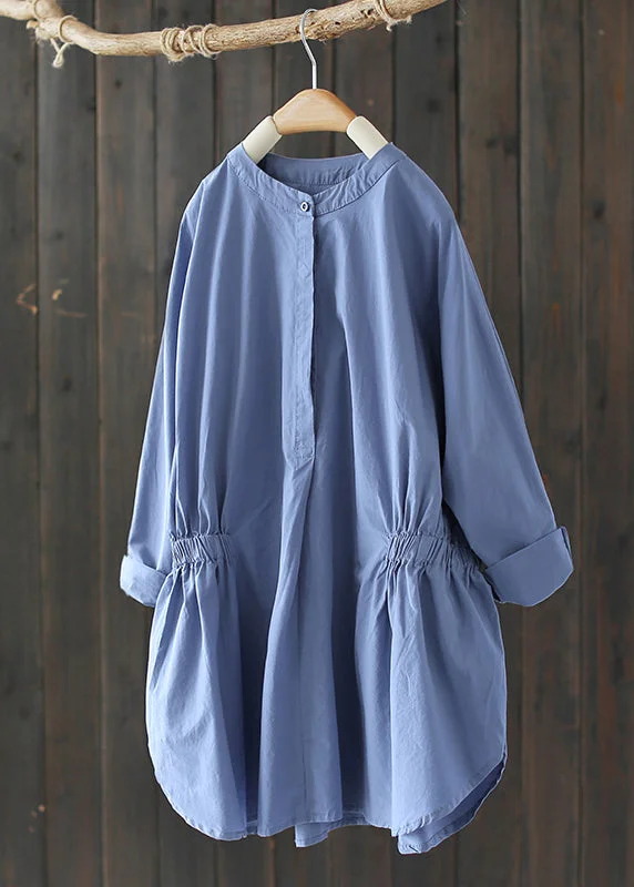 Women Sky Blue Stand Collar Cinched Shirt Tops Long Sleeve