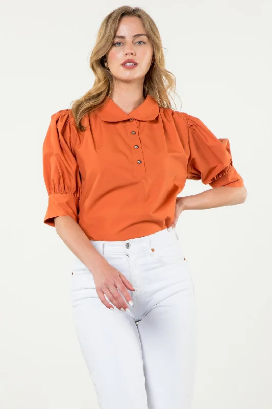 Chrissy Puff Sleeve Collared Top in Burnt Orange