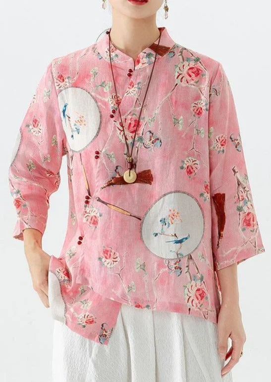 Vintage Loose Floral Print Linen Shirt Half Sleeve