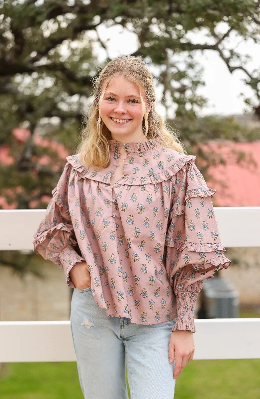 Ruffle Sleeve Blouse in Mauve Floral