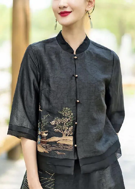 Original Design Black Stand Collar Embroidered Patchwork Silk Top Half Sleeve