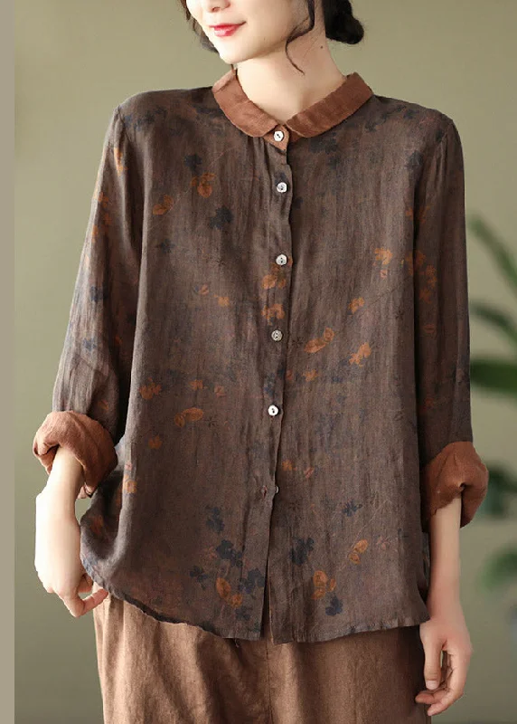 Retro Coffee Peter Pan Collar Button Print Patchwork Linen Blouses Long Sleeve