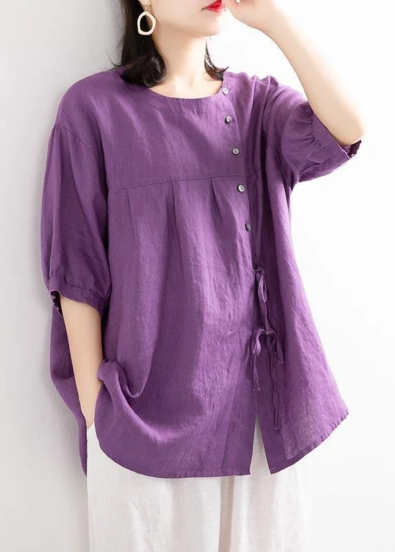 Modern Purple Button Cotton Linen Blouses Summer