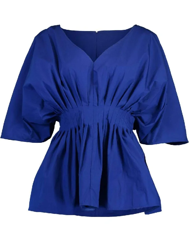 Cotton Tucked Waist V Neck Blouse - Cobalt