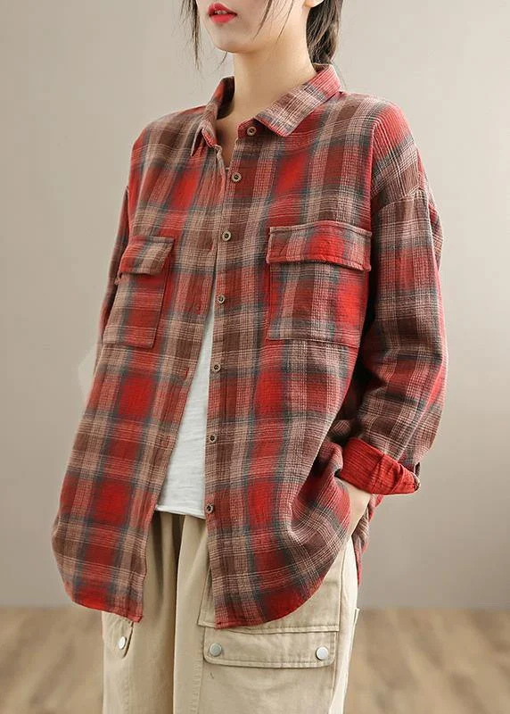 Modern Red Plaid Clothes Spring Blouses Long Sleeve