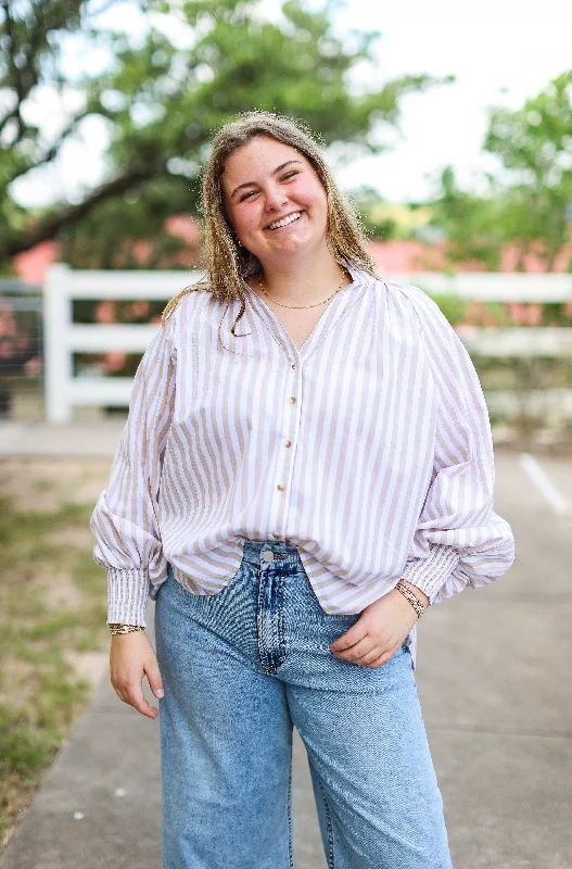 Coraline Patterned Long Sleeve Blouse in Oatmeal Stripe