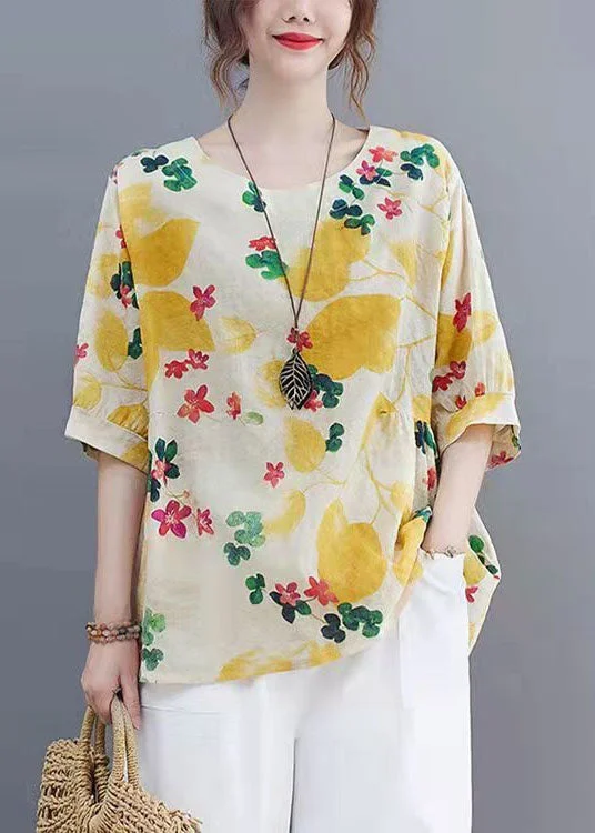 Yellow O Neck Print Patchwork Linen T-Shirts