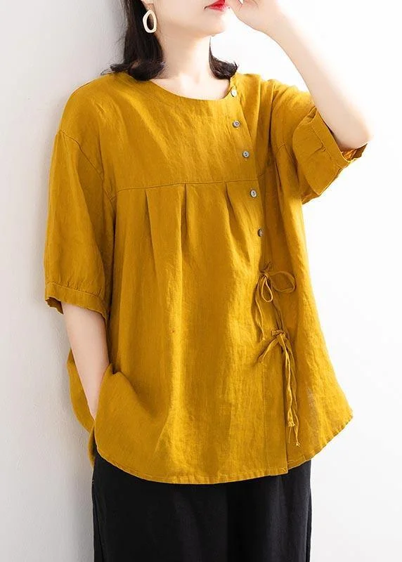 Elegant Yellow Button O-Neck Cotton Linen Summer Top