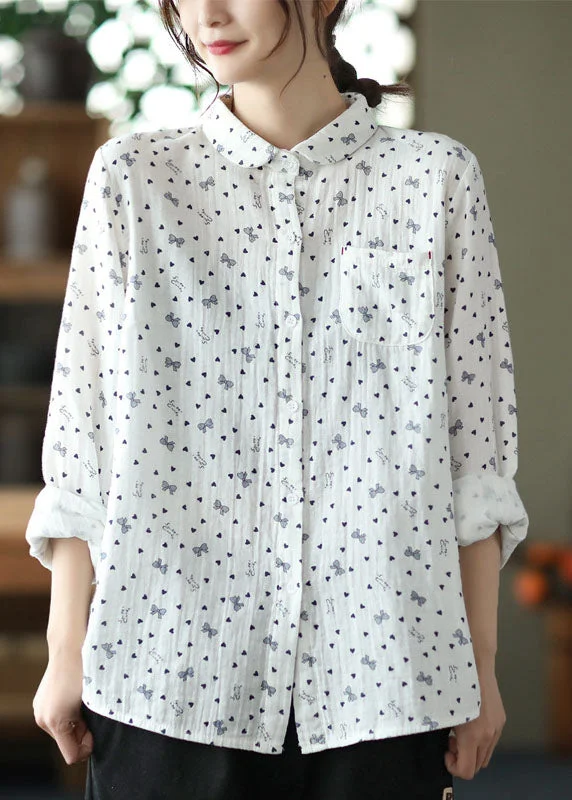 Beautiful White Peter Pan Collar Print Patchwork Cotton Shirts Top Spring