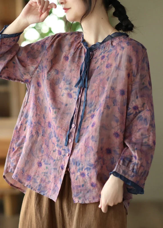 Purple O-Neck Ruffled Button Ramie Shirts Spring