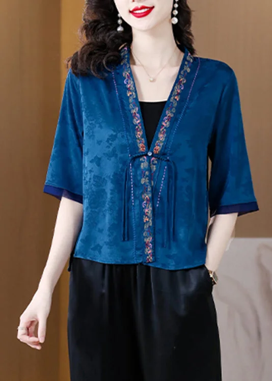 Vintage Blue V Neck Embroideried Button Ice Silk Shirt Half Sleeve