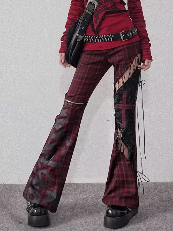 Plaid Patchwork Leather chic pants【s0000004935】