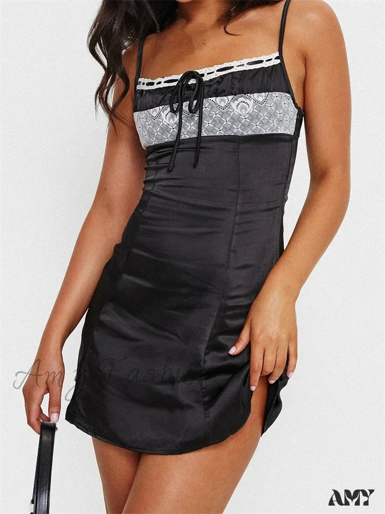 Amy Fashion - Front Tie up Ruched Sleeveless Spaghetti Strap Mini Dress