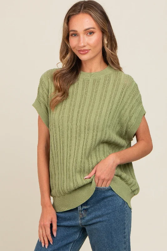 Light Green Crochet Knit Short Sleeve Sweater Top