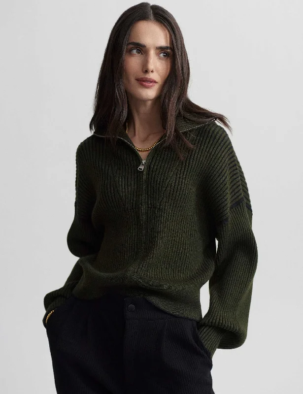 Carmen Zip-Through Rib Knit - Dark Olive