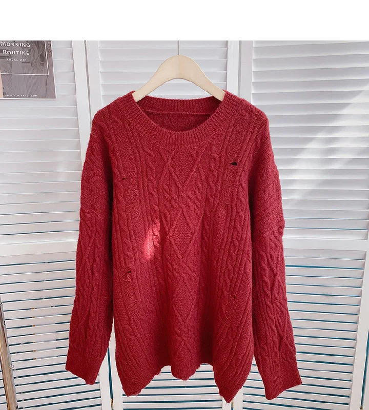 Twist solid color knitted sweater personalized hollow hole top  6087