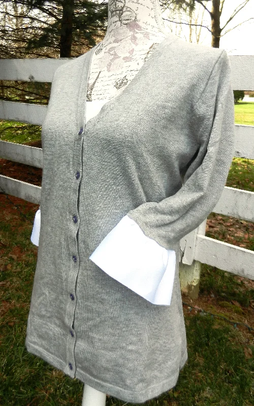 Wednesday Cardigan Grey w White Grosgrain 3/4 Sleeve - (WC Grey White)