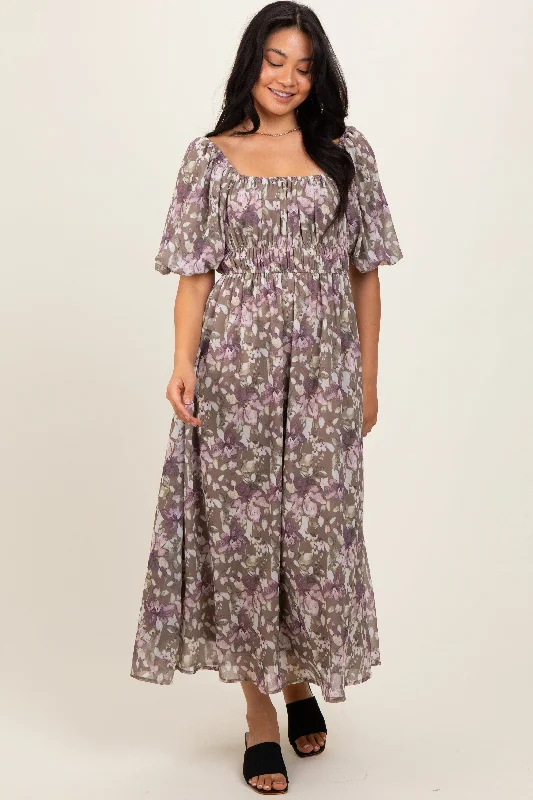 Taupe Floral Square Neck Short Puff Sleeve Midi Dress