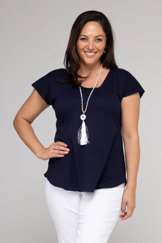 Navy Short Sleeve Cotton Knit Top