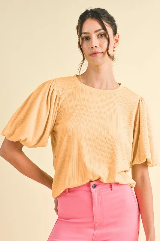 Peach Ribbed Puff Sleeve Top