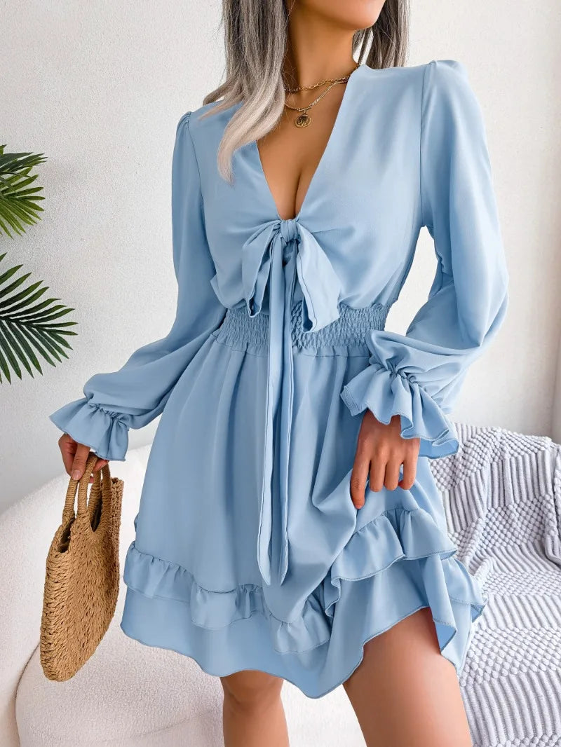 Elegant Full Flare Sleeves Summer Women's Spring Casual Lace up Bow Elastic Waist Swing Mini Dress