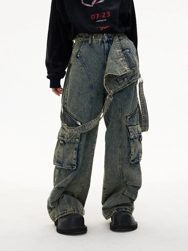 Detachable Suspender Washed Multi-pocket Cargo Jeans [s0000004185] 