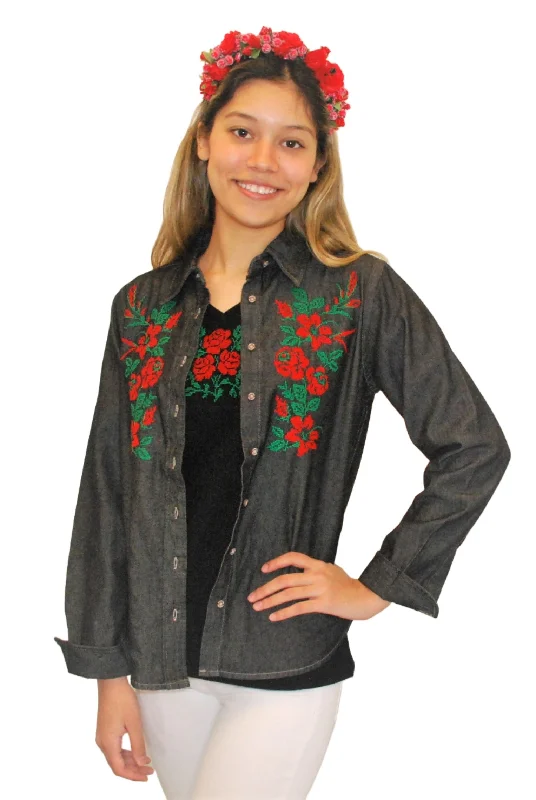 Women's embroidered black denim shirt