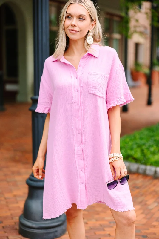 Reach Out Bubble Gum Pink Button Down Dress