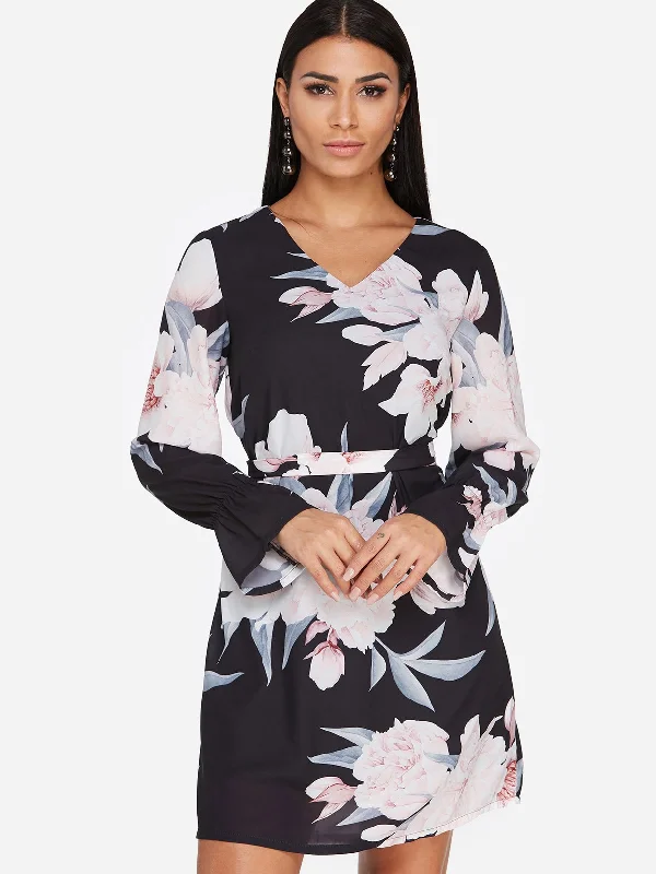 Wholesale V-Neck Long Sleeve Floral Print Self-Tie Partially Lined Mini Dresses