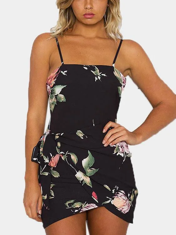 Wholesale Black Square Neck Sleeveless Floral Print Zip Back Backless Lace-Up Slit Hem Mini Dresses