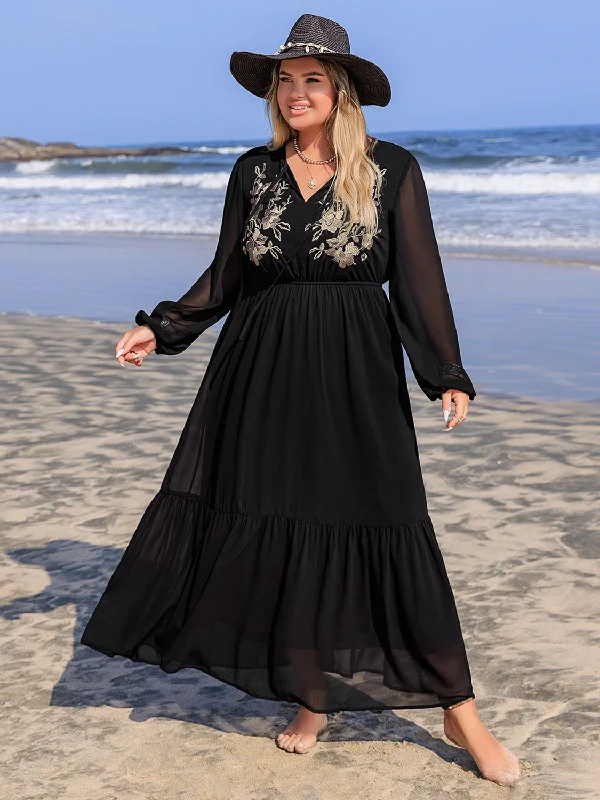 Plus Size Embroidered Tie Neck Long Sleeve Dress