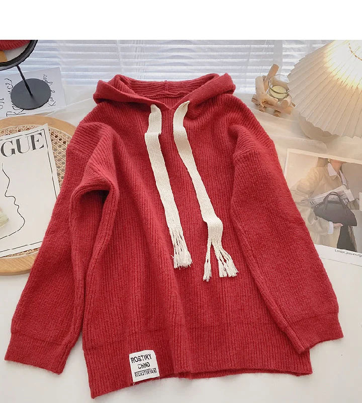 Design sweater tassel drawstring hood loose long sleeve  6083