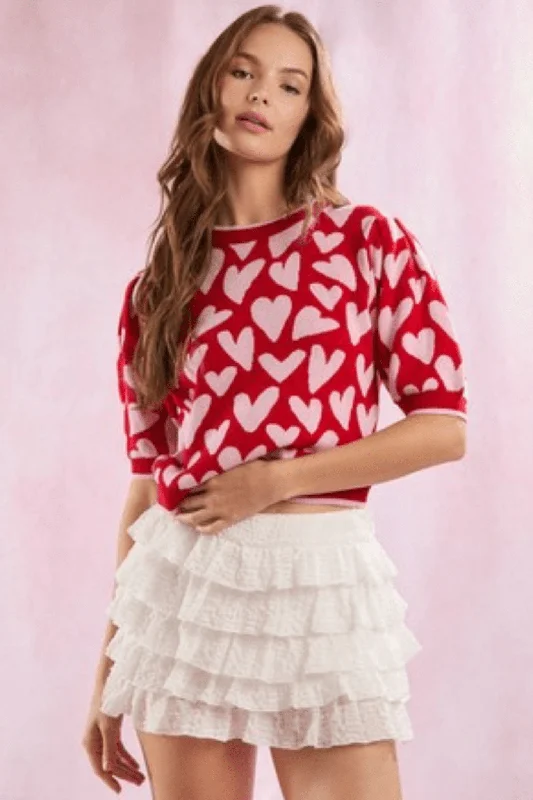 Hearts pattern short puff sleeve sweater