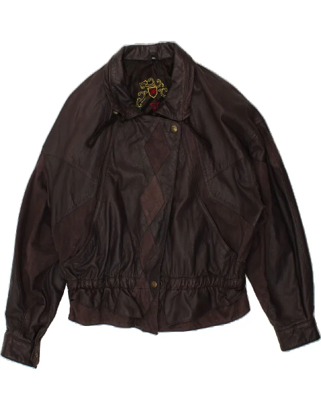 VINTAGE Womens Leather Jacket IT 44 Medium Brown Argyle/Diamond