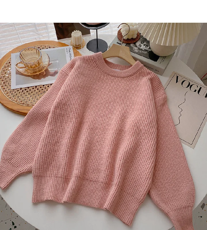 Lazy style solid color Vintage sweater long sleeve Pullover Top  6105