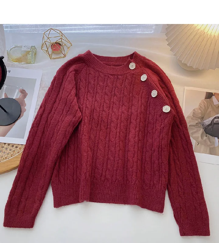 Personalized diagonal button round neck Pullover Top  6108