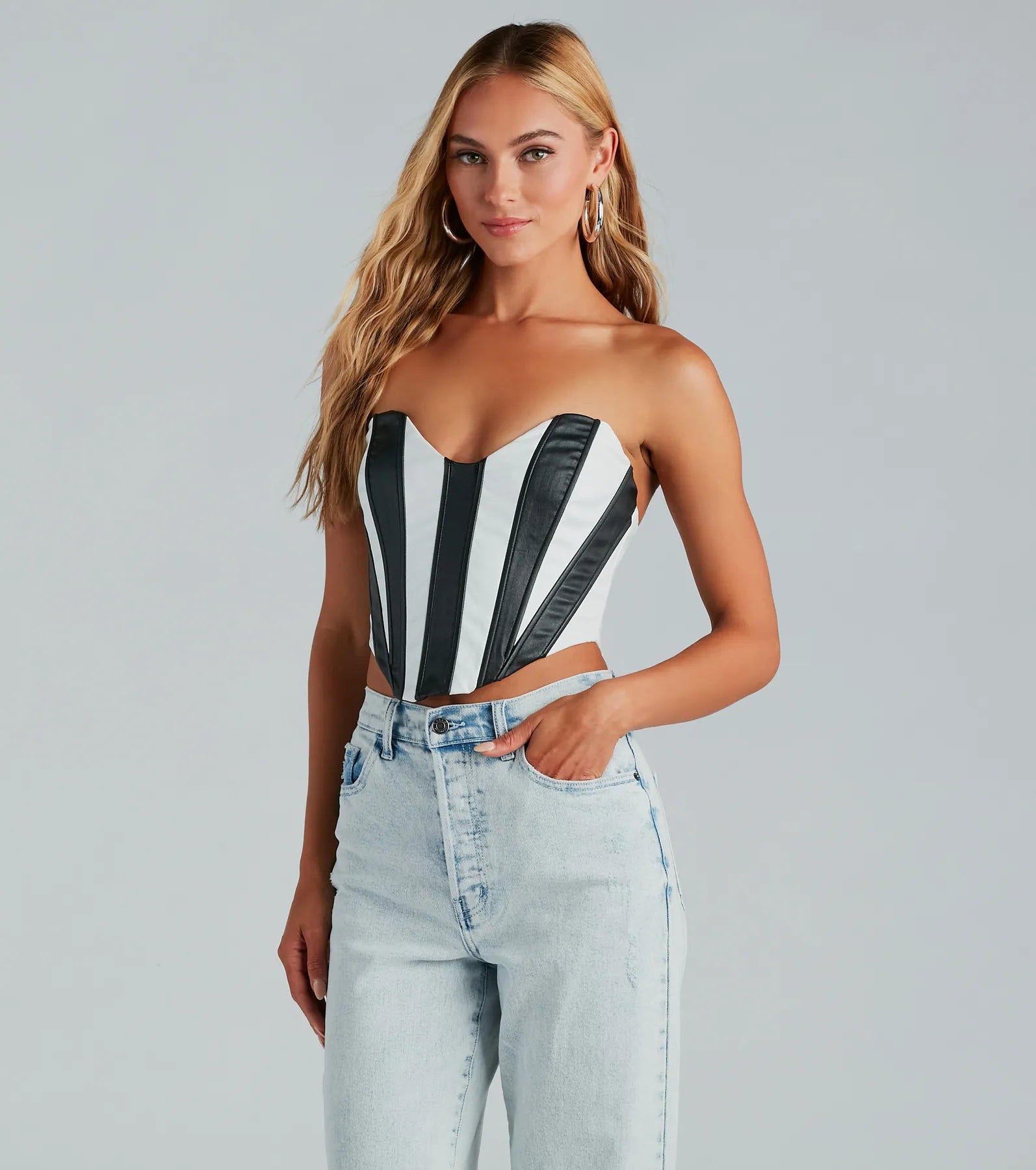 Major Diva Striped Faux Leather Corset Top