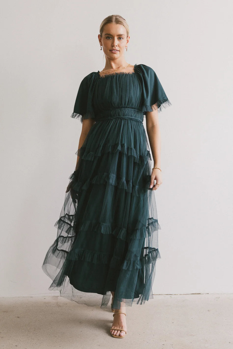 Eugena Ruffled Maxi Dress in Hunter Green