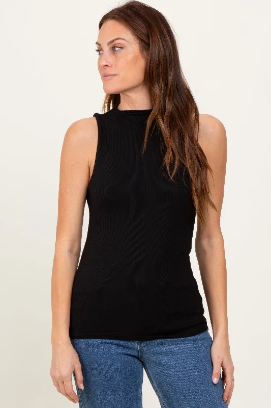 Black Ribbed Sleeveless Mock Neck Top