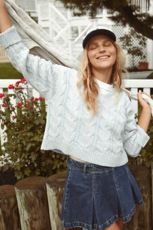 Free People: Washed Cable V Neck Sweater in Pale Blue