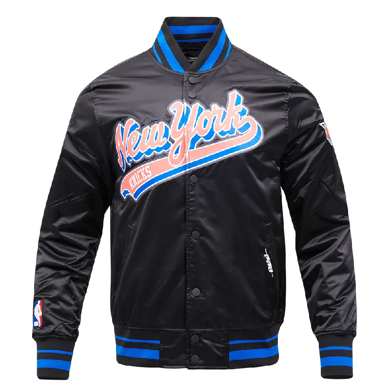 NBA NEW YORK KNICKS SCRIPT TAIL MEN'S SATIN JACKET (BLACK/ROYAL BLUE/BLACK)