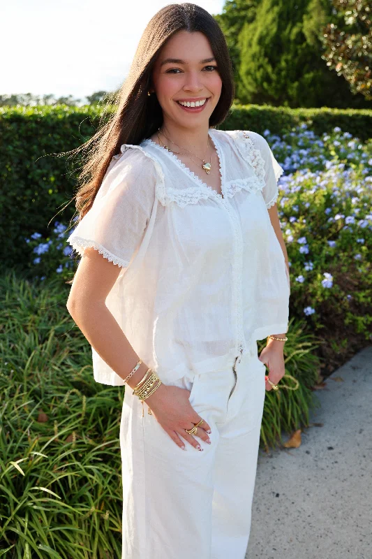 Ivory Button Down Lace Trimmed V-Neck Blouse