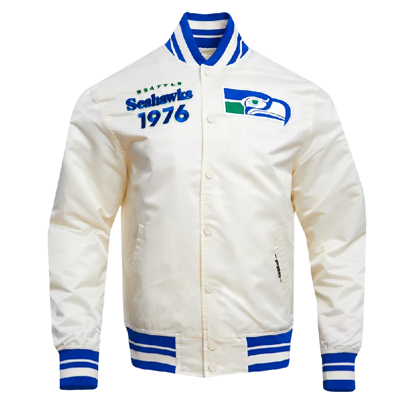 NFL SEATTLE SEAHAWKS RETRO CLASSIC MEN'S RIB SATIN JACKET (EGGSHELL/ ROYAL BLUE)